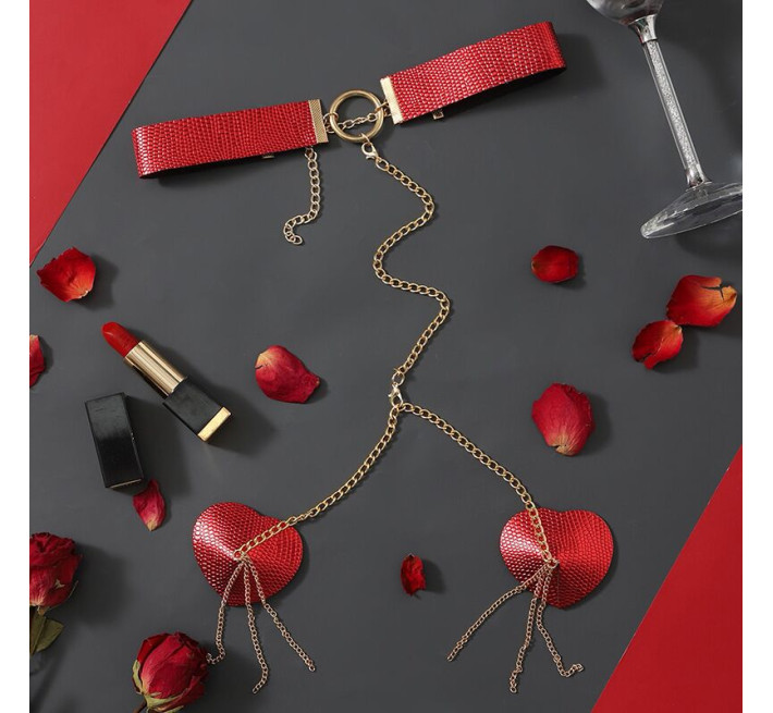 Пэстис-сердечки с цепочками и чокером JSY Nipple Sticker RT236114 Red