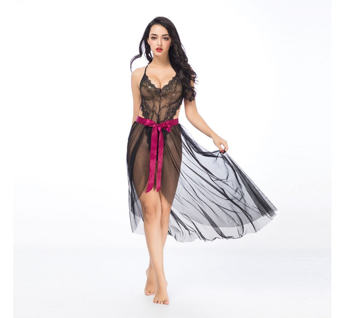 Эротический полупрозрачный комплект JSY боди с юбкой Черный S/M
