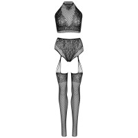 Эротический комплект Leg Avenue Crop top and garter panty Black, топ, трусики с доступом, чулки