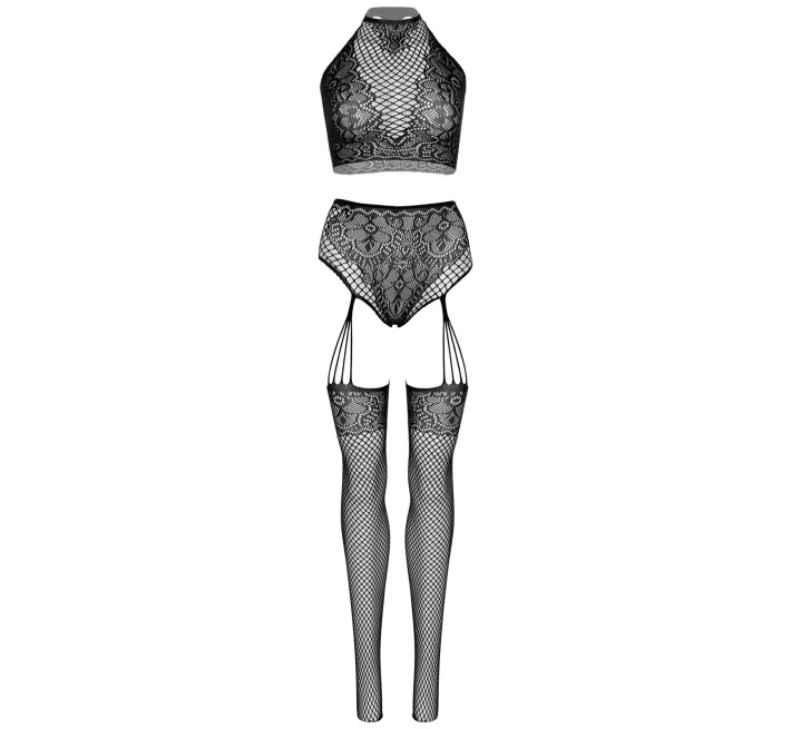 Эротический комплект Leg Avenue Crop top and garter panty Black, топ, трусики с доступом, чулки