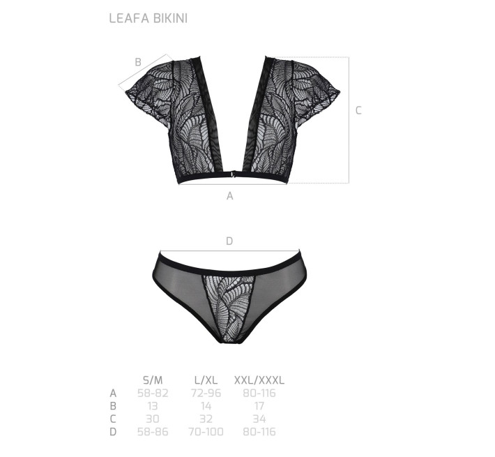 Комплект Passion LEAFA BIKINI black S/M, бюстгальтер-топ с рукавчиками, стринги-шортики с вырезом