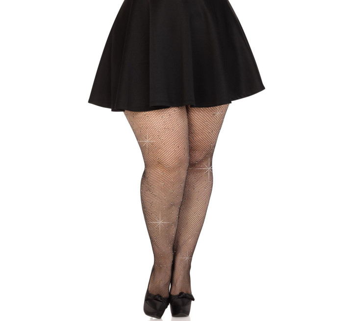 Колготки Leg Avenue Rhinestone micro net tights Plus size Black, мелкая сетка, стразы