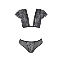 Комплект Passion LEAFA BIKINI black S/M, бюстгальтер-топ з рукавчиками, стрінги-шортики з вирізом
