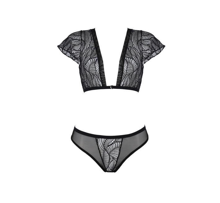 Комплект Passion LEAFA BIKINI black S/M, бюстгальтер-топ с рукавчиками, стринги-шортики с вырезом