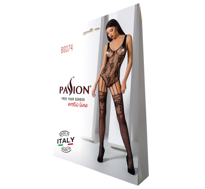 Ажурный бодистокинг с имитацией чулок Passion BS074 black