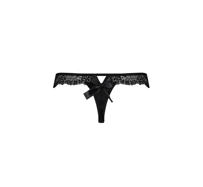 Мереживні трусики-танга з атласним бантиком Passion Naja Thong black XXL/XXXL