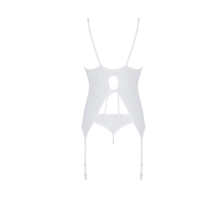 Корсет із пажами, трусики з ажурним декором та відкритим кроком Passion Ursula Corset white L/XL