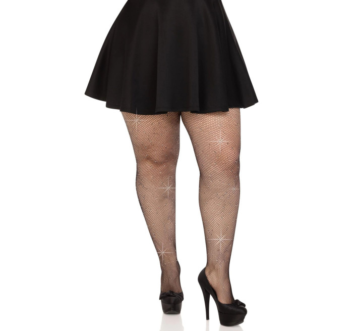 Колготки Leg Avenue Rhinestone micro net tights Plus size Black, мелкая сетка, стразы
