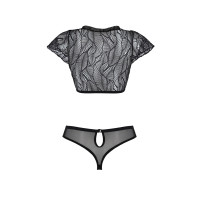 Комплект Passion LEAFA BIKINI black S/M, бюстгальтер-топ з рукавчиками, стрінги-шортики з вирізом