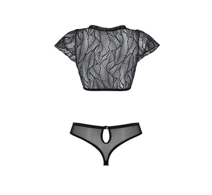 Комплект Passion LEAFA BIKINI black S/M, бюстгальтер-топ с рукавчиками, стринги-шортики с вырезом