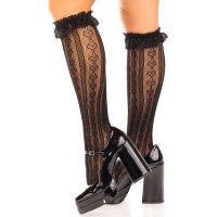 Гольфы ажурные Leg Avenue Sweetheart Ruffle Cuff Knee Highs, черные, с рюшами, рисунок-сердечки