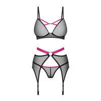 Комплект Obsessive Novenes 3-pcs set, XL/2XL, прозрачный лиф на косточках, стринги, пояс