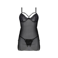 Пеньюар Passion DROSERA CHEMISE black, XXL/XXXL, кружевной лиф со стрепами, трусики в комплекте