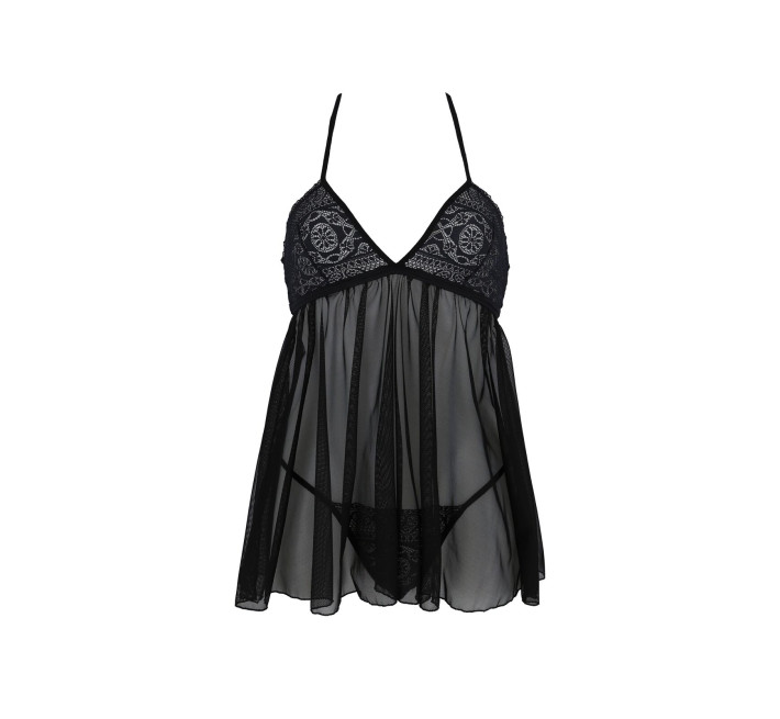 Пеньюар Passion KERRIA CHEMISE black, L/XL, мереживний верх, трусики в комплекті