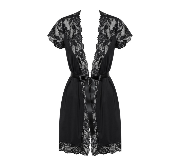 Сатиновый открытый пеньюар на поясе Obsessive 810-PEI–1 peignoir black черный 2XL/3XL