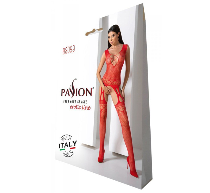 Бодистокинг с плетением на груди Passion BS099 One Size, red, открытый доступ, имитация подвязок