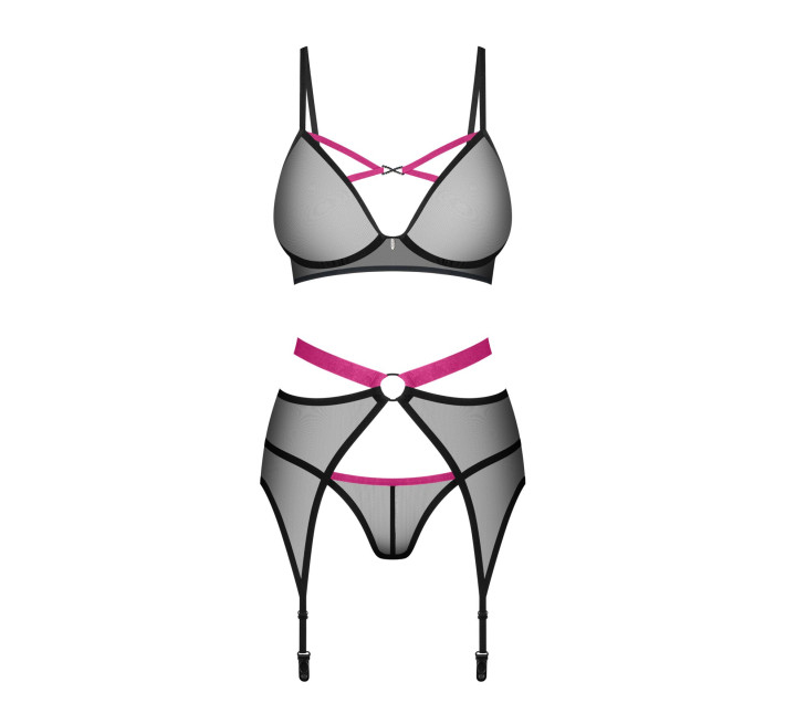 Комплект Obsessive Novenes 3-pcs set, XS/S, прозрачный лиф на косточках, стринги, пояс