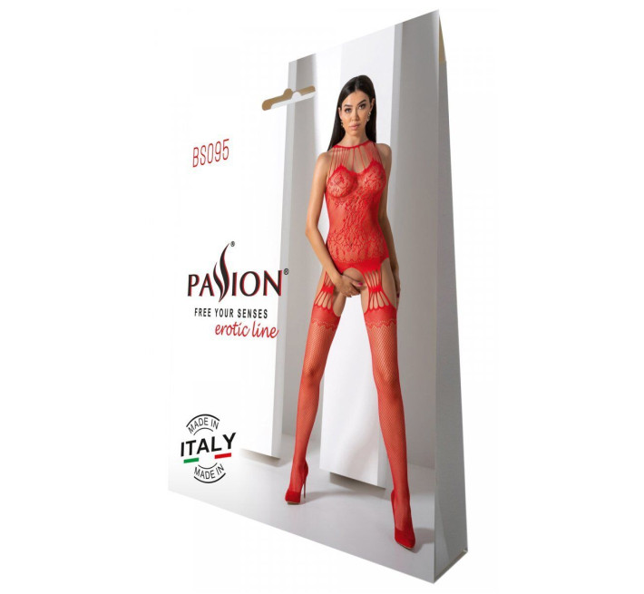 Бодистокинг с множеством бретелей Passion BS095 One Size, red, имитация пояса и чулок, с доступом