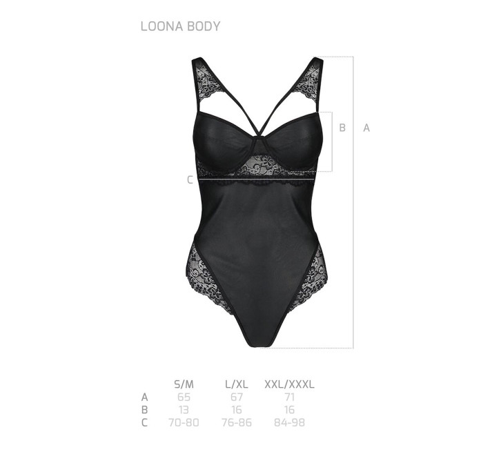 Боді з еко-шкіри та мережива Passion Loona Body black XXL/XXXL