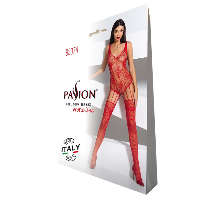 Ажурный бодистокинг с имитацией чулок Passion BS074 red