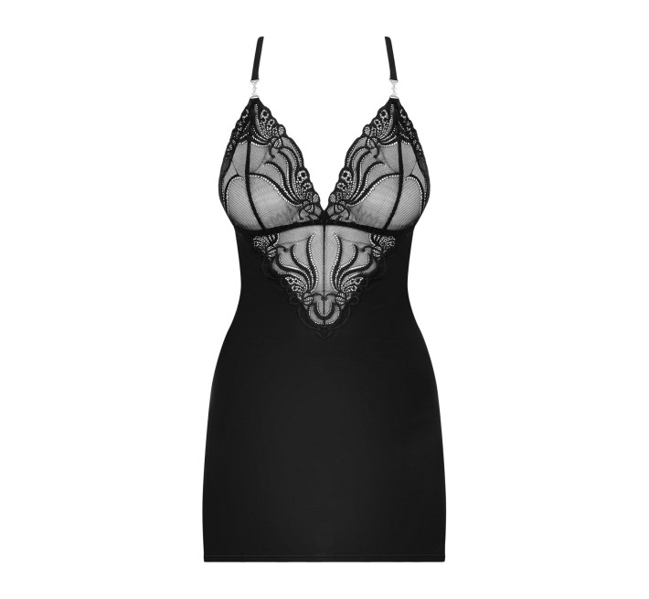 Сатиновий комплект для сну з мереживом Obsessive 828-CHE-1 chemise & thong чорний L/XL