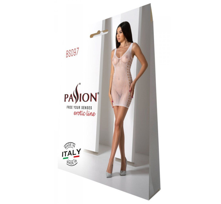 Мини-платье с вертикальным узором Passion BS097 One Size, white, плетение по бокам