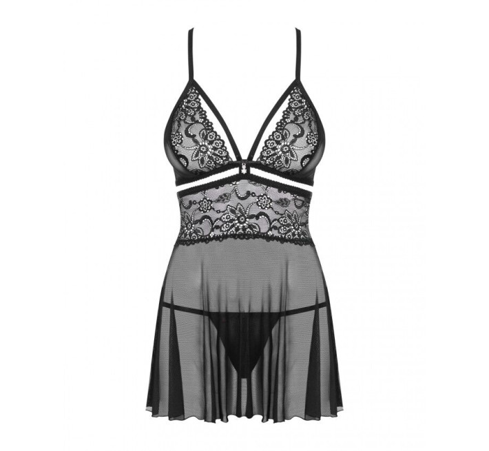 Эротический кружевной комплект с сеточкой Obsessive 838-BAB-1 babydoll & thong black L/XL