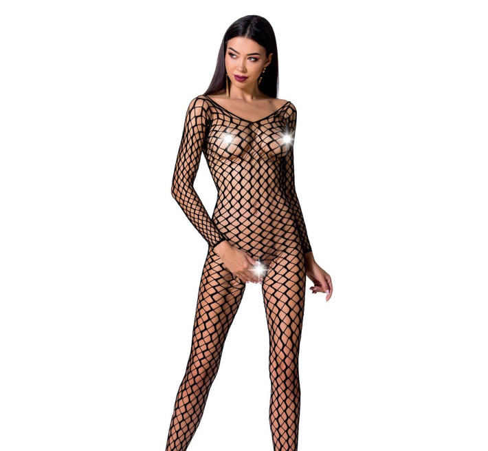 Бодістокінг Passion BS068 black, комбінезон, велика сітка, довгий рукав