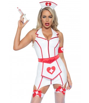 Виниловый костюм медсестры Leg Avenue Vinyl ER Hottie XS, платье, фартук, манжета, головной убор