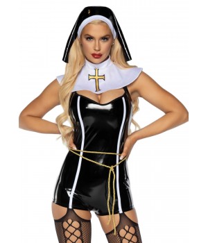 Виниловый костюм монахини Leg Avenue Sinful Sister XS, комбинезон, воротник, пояс, головной убор