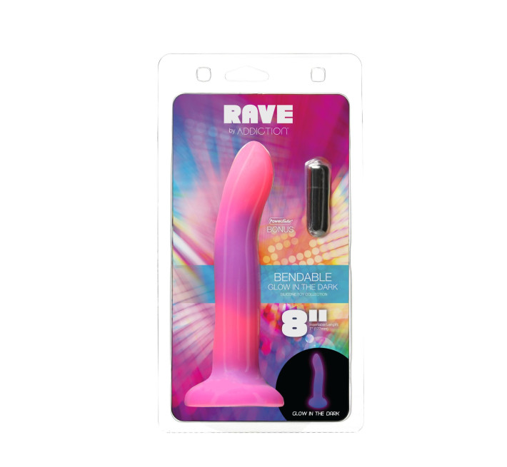 Фалоімітатор, що світиться в темряві, ADDICTION Rave 8 Glow in the Dark Dildo Pink Purple, 20,3 см