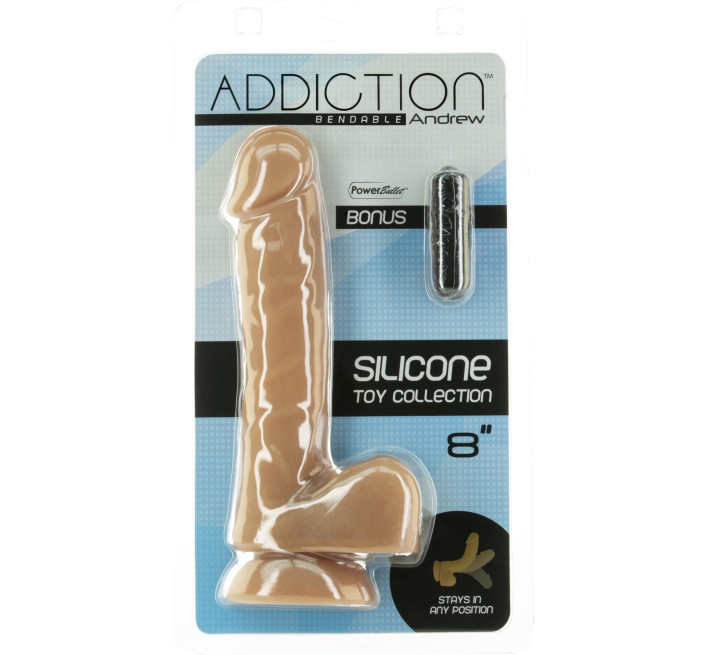 Гнучкий фалоімітатор на присосці ADDICTION — ANDREW 8″ Silicone Dong — Caramel, віброкуля в подаруно