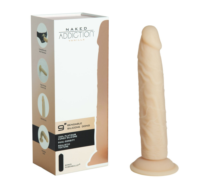 Фалоімітатор Naked Addiction — 9″ Silicone Dual Density Bendable Dildo Vanilla, віброкуля в подаруно