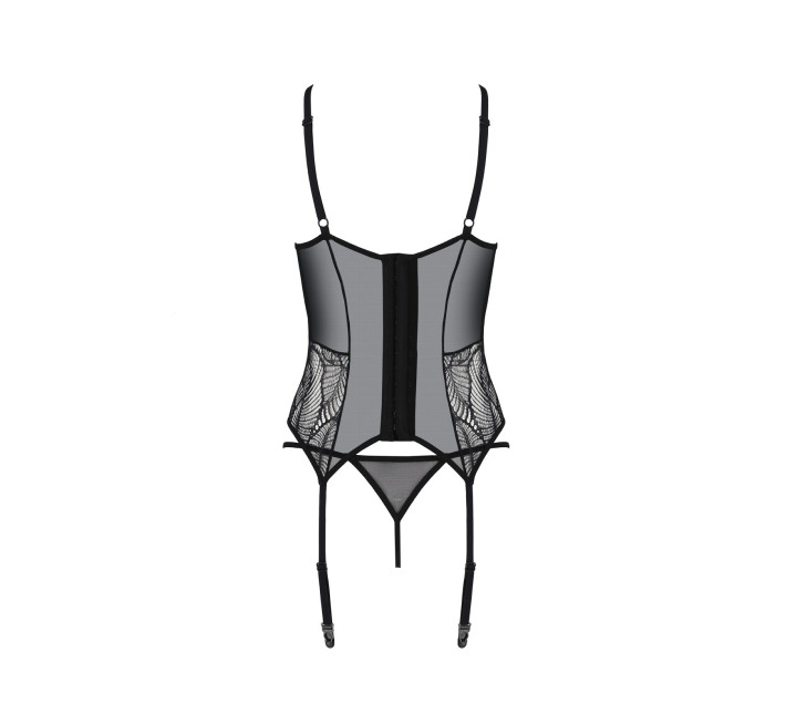 Корсет Passion LEAFA CORSET black L/XL, мягкие чашки, зажимы для чулок, стринги в комплекте