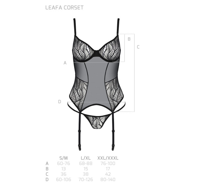 Корсет Passion LEAFA CORSET black L/XL, мягкие чашки, зажимы для чулок, стринги в комплекте