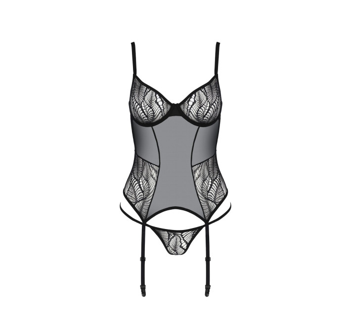Корсет Passion LEAFA CORSET black S/M, мягкие чашки, зажимы для чулок, стринги в комплекте