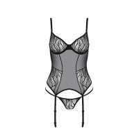 Корсет Passion LEAFA CORSET black, XXL/XXXL, мягкие чашки, зажимы для чулок, стринги в комплекте