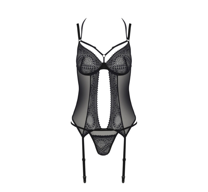 Корсет Passion DROSERA CORSET black, L/XL, з кріпленнями для панчіх, трусики в комплекті