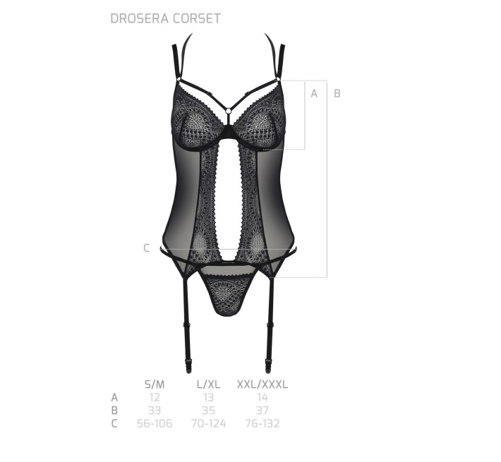 Корсет Passion DROSERA CORSET black, XXL/XXXL, з кріпленнями для панчіх, трусики в комплекті