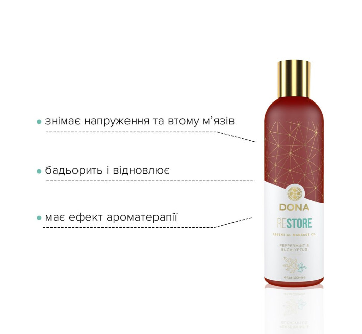 Натуральное массажное масло DONA Restore Peppermint & Eucalyptus с эфирными маслами 120 мл