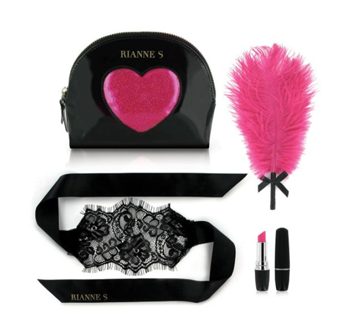 Романтичний набір Rianne S: Kit d'Amour: віброкуля, пір'їнка, маска, чохол-косметичка Чорний/рожевий