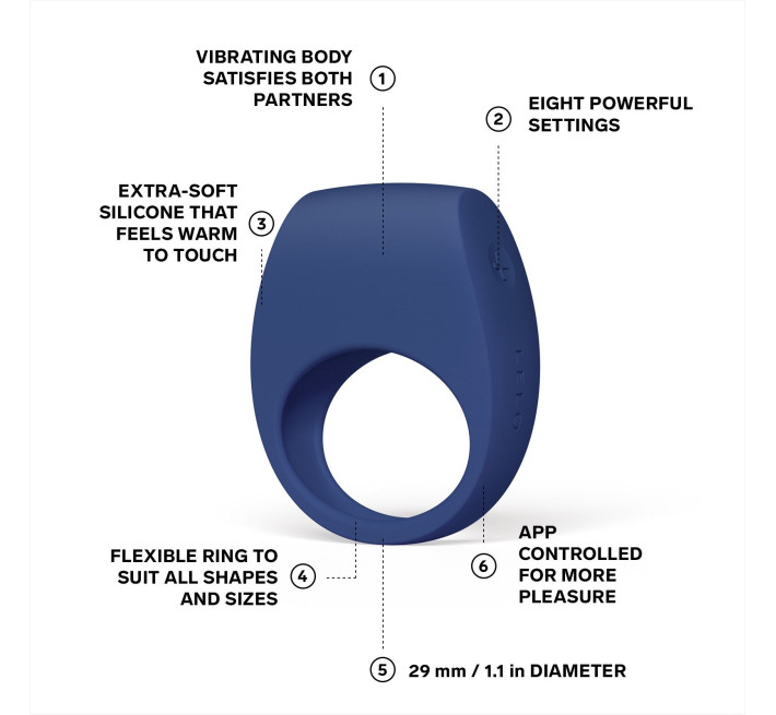 Ерекційне кільце з вібрацією LELO Tor 3 Base Blue, керування зі смартфона