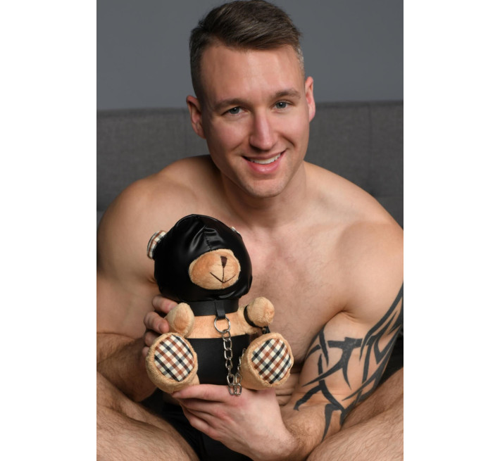 Плюшевий ведмедик HOODED Teddy Bear БДСМ у шкіряному капюшоні з повідцем, 23x16x12 см