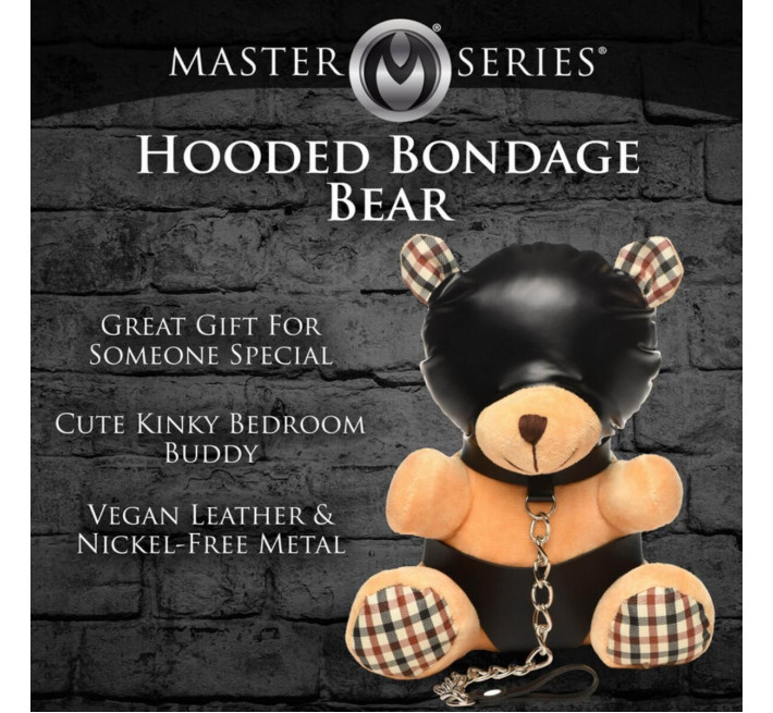 Плюшевий ведмедик HOODED Teddy Bear БДСМ у шкіряному капюшоні з повідцем, 23x16x12 см