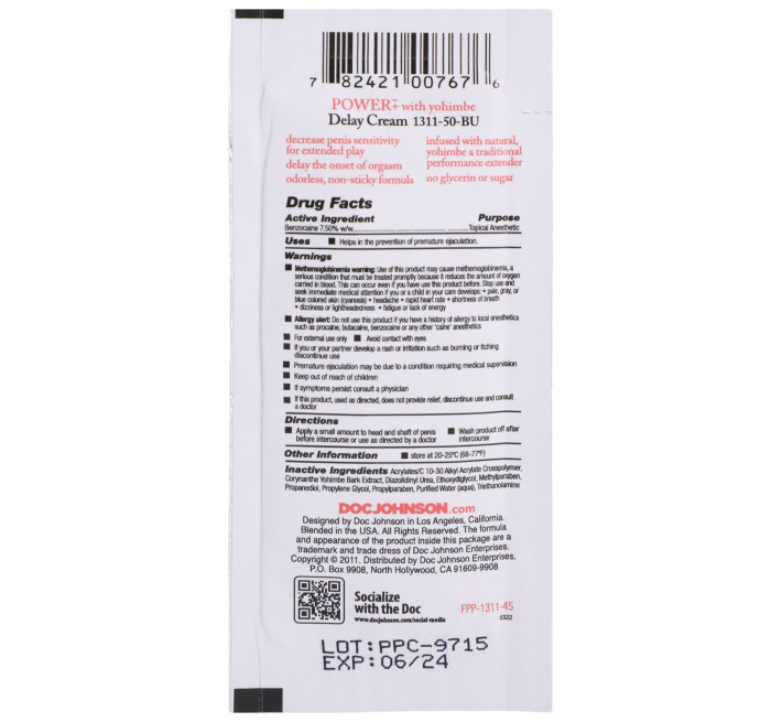Потужний пролонгатор Doc Johnson Power+Delay Cream For Men (7 мл)