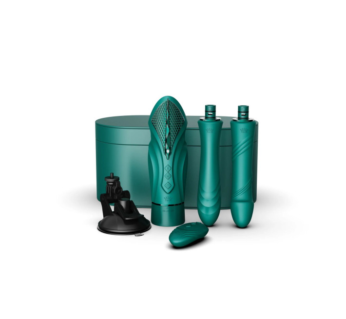 Компактная смарт секс-машина Zalo – Sesh Turquoise Green, 2 насадки, пульт ДУ, кристалл Swarovski