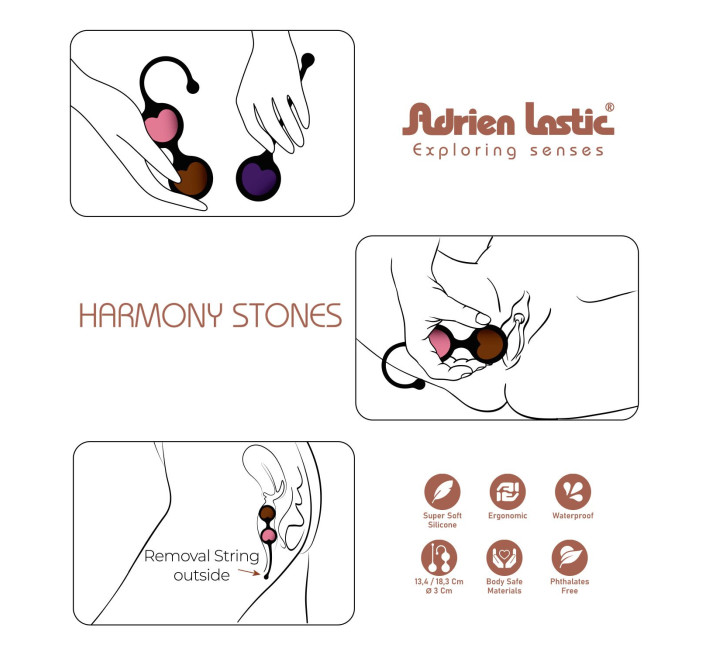 Вагінальні кульки Adrien Lastic Harmony Stones, напівдорогоцінне каміння, діаметр 3 см, 2 тримачі