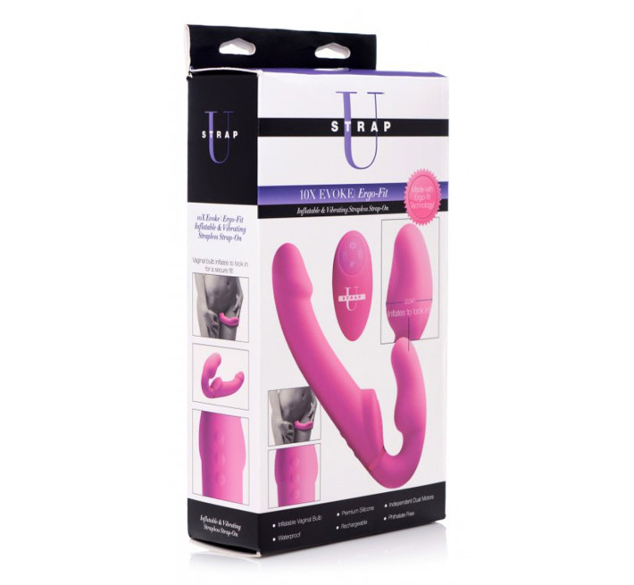 Страпон безремневый с вибрацией, накачкой и дистанционным пультом Strap U 10X Evoke розовый