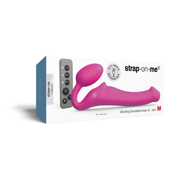 Безремінний страпон з вібрацією Strap-On-Me Vibrating Fuchsia M, діаметр 3,8 см, пульт ДК, регульований