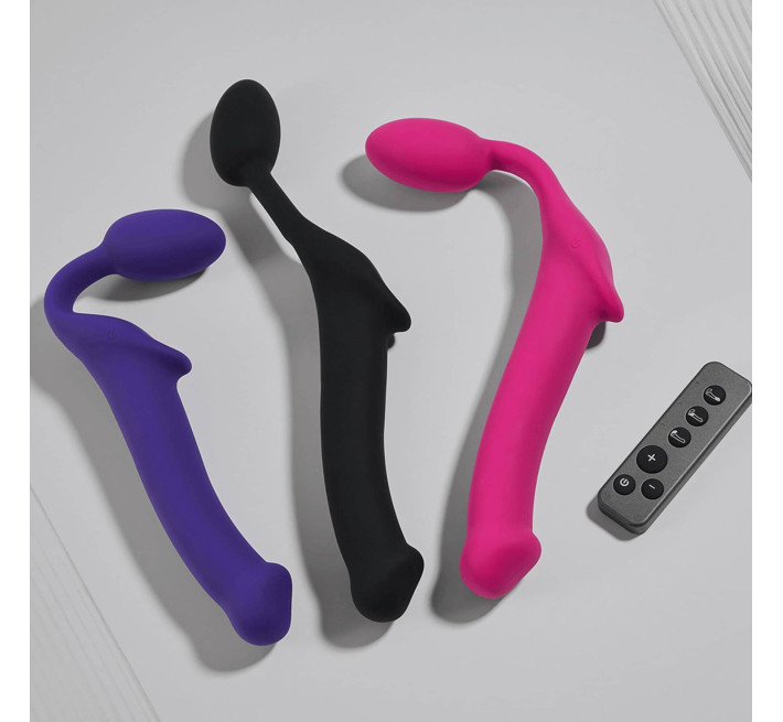 Безремінний страпон з вібрацією Strap-On-Me Vibrating Fuchsia M, діаметр 3,8 см, пульт ДК, регульований